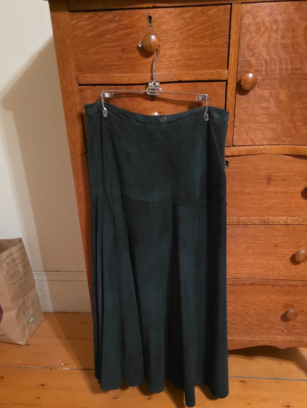 LL Bean Dark Green Suede Long A-Line Women's Skirt